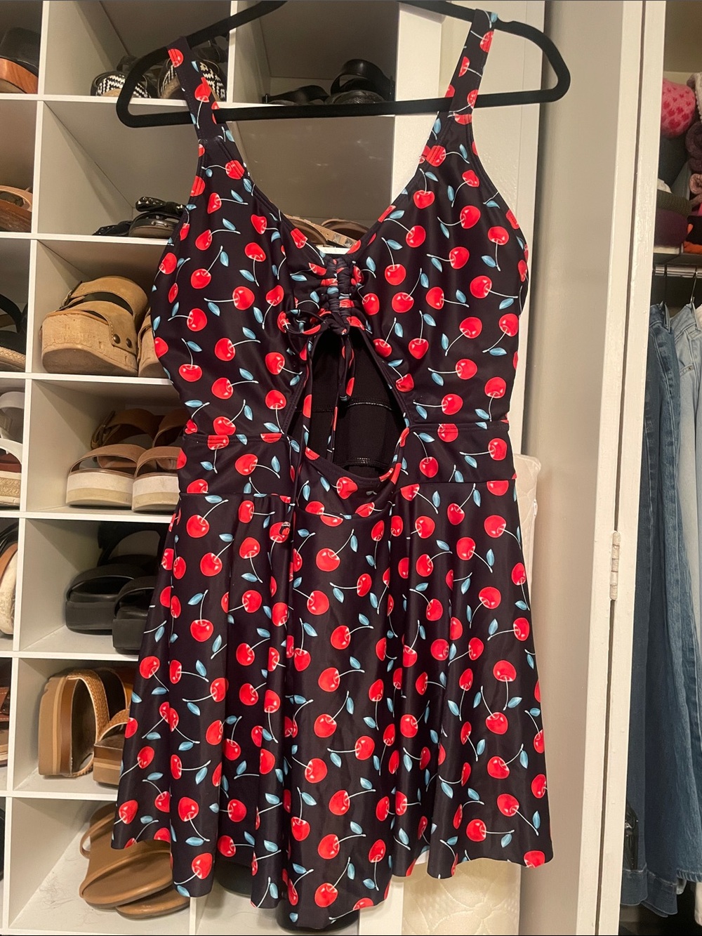 Cherry Print Black Skater Swim Dress w/ cutout detailing in front